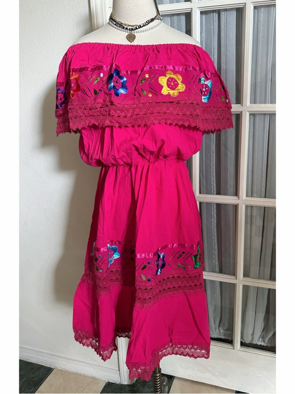 Mexican Boho Off The Shoulder Dress OS NEW - Picture 2 of 5